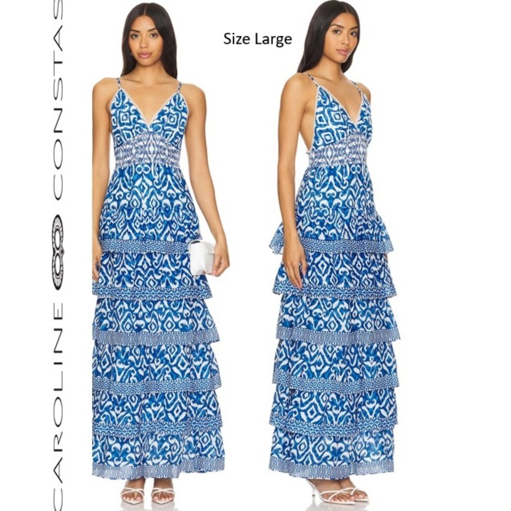 Caroline Constas Blue White Ikat Tiered Maxi Dress V-Neck Smocked Large NEW